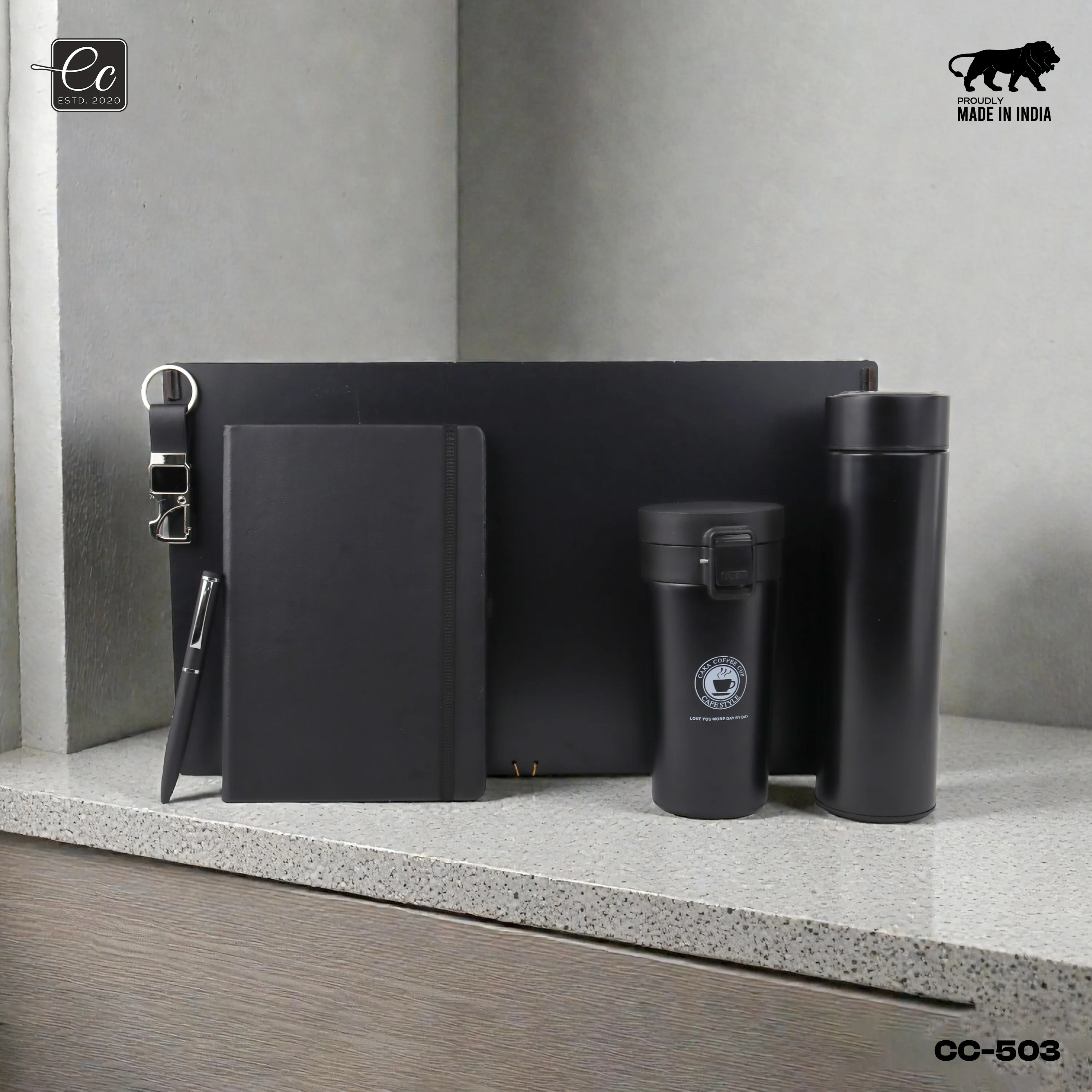 5 in 1 Corporate Gift Set includes Personalized Diary, Pen, Keychain, Coffee Tumbler and Temperature Bottle